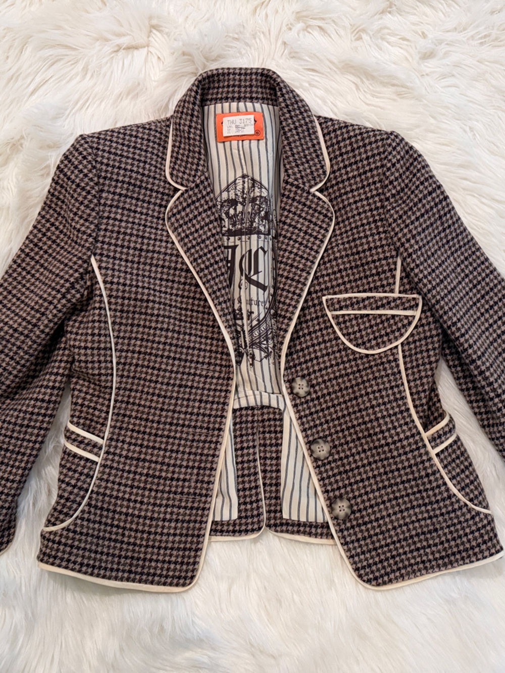 Juicy Couture Brown Houndstooth Blazer with Cream Piping